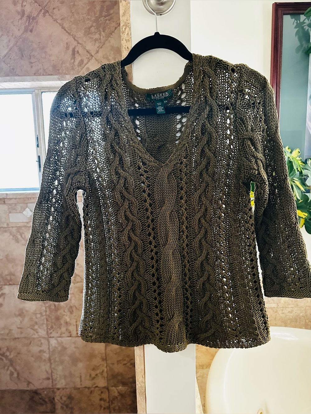 Lauren Ralph Lauren Olive Green Cable Knit V-Neck Sweater Petite M